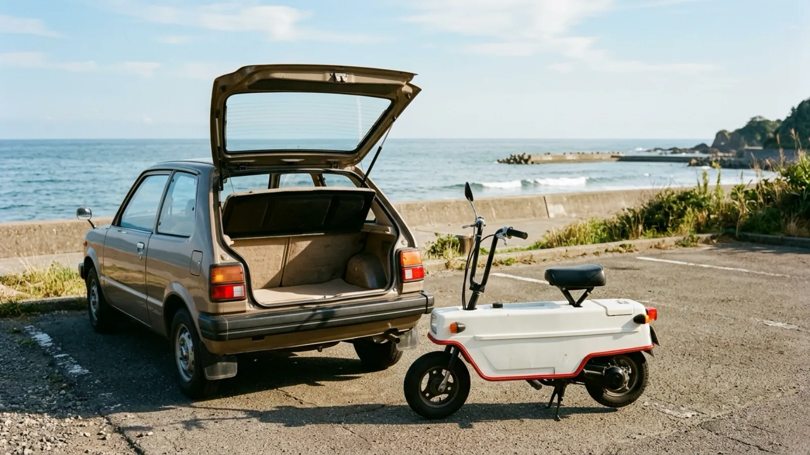 昭和56年〜昭和60年（1981〜1985年ごろ）のホンダのモトコンポを再現したイメージ。人も建物もない夏の昼の海辺の駐車場で、後ろの荷室を開けた小型車の横に、ハンドルと座席を起こした、赤い下まわりの白い箱形の小さなスクーターが立っている。