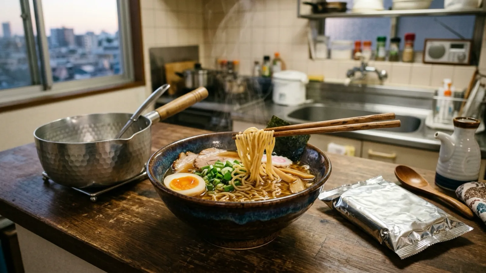 平成23年〜平成27年（2011〜2015年ごろ）の東洋水産のマルちゃん正麺を再現したイメージ。夕方の暖かな光が入るアパートの台所のカウンターで、湯気の立つ醤油ラーメンの丼にねぎと半熟卵がのり、なめらかな麺を少し持ち上げた箸が丼に掛けられ、横に裏向きの無地の麺の袋と小さな片手鍋がある。