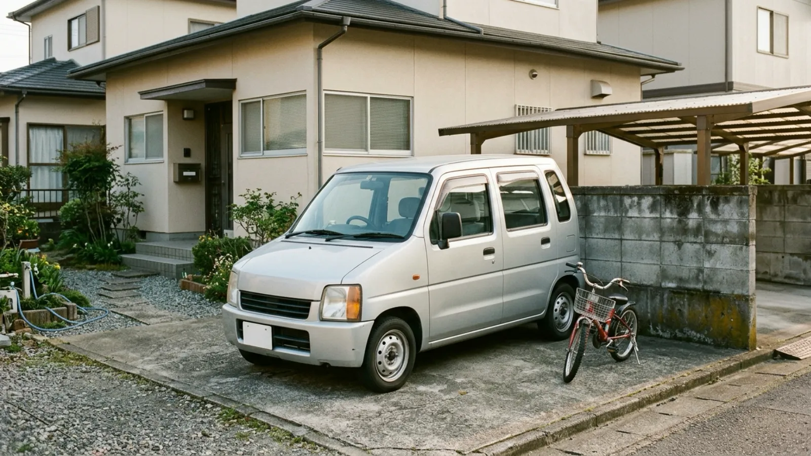 平成5年〜平成9年（1993〜1997年ごろ）のスズキのワゴンRを再現したイメージ。柔らかな朝の光の中、郊外の家のカーポートの前に、背の高い箱形の明るい銀色の軽自動車が止まり、そばに子ども用の自転車が置かれている。