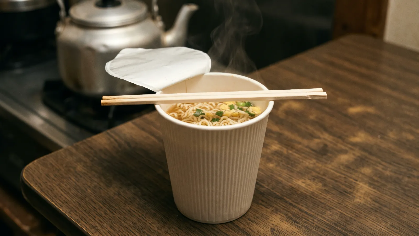 昭和50年〜昭和54年（1975〜1979年ごろ）のサンヨー食品のカップスターを再現したイメージ。寒い夜の暖かな電灯の下、台所の食卓に波形の無地の紙カップがふたをめくられて置かれ、細く縮れた麺と醤油色のスープ、青ねぎと乾燥卵から湯気が上がり、無地の割り箸が縁に渡され、奥に無地のやかんがぼけて見える。