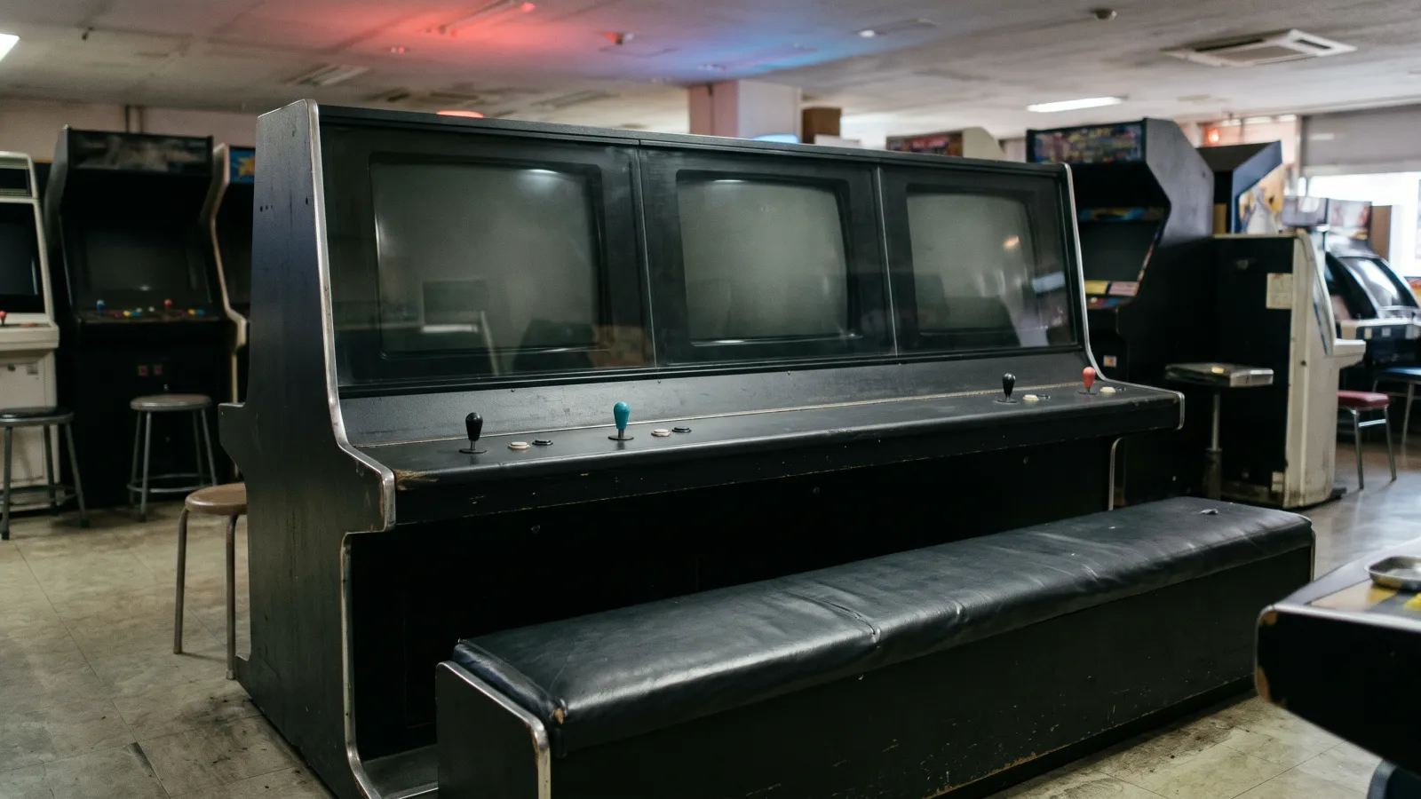 昭和62年〜平成3年（1987〜1991年ごろ）のタイトーのダライアスを再現したイメージ。薄暗いゲームセンターの色つきの照明の下で、ブラウン管三つを横につないだ消えた長い画面を持つ、幅の広い無地の黒い筐体が立ち、低い操作盤にレバーとボタンが付き、前に黒く長いベンチシートが置かれている。