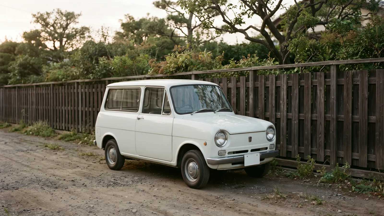 昭和38年〜昭和42年（1963〜1967年ごろ）のマツダのファミリアを再現したイメージ。木の塀が続く未舗装の住宅地の道に、丸いヘッドライトと小さな格子、クロームのバンパーを持つ白い二ドアの小型のライトバンが夕方前の光を受けて止まっている。