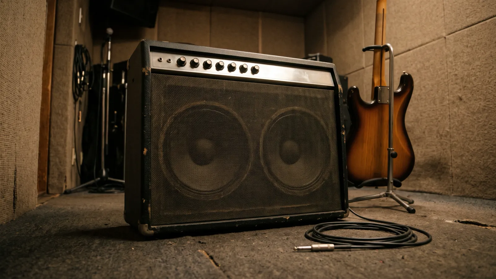 昭和50年〜昭和54年（1975〜1979年ごろ）のローランドのJC-120を再現したイメージ。防音のじゅうたん壁に囲まれた小さなスタジオの床に、大きなスピーカー二つを濃い色の布で覆った幅広の黒いアンプが置かれ、巻いたケーブルと、背を向けて台に立つ無地のエレキギターがある。