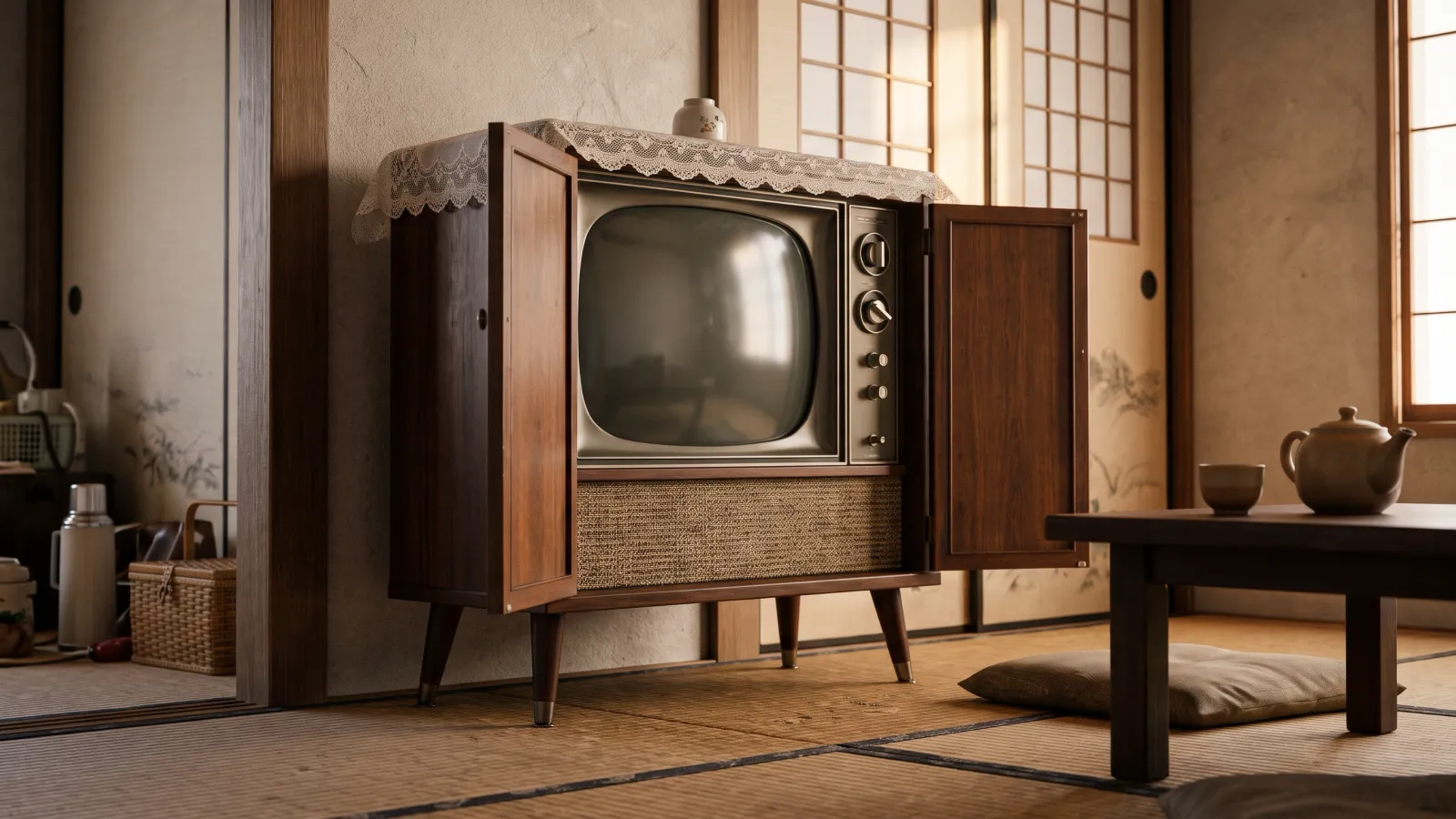 昭和43年〜昭和47年（1968〜1972年ごろ）の日立のキドカラーを再現したイメージ。夕方のあたたかな光が入る畳の居間に、両開きの木の扉を開いた脚付きの大きなブラウン管テレビが画面を消して立ち、上にレースの敷物、前の低い卓に無地の急須がある。