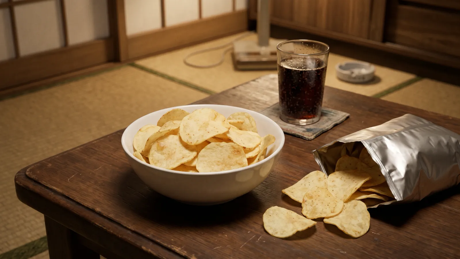 平成2年〜平成6年（1990〜1994年ごろ）のハウス食品のオー・ザックを再現したイメージ。夕方の電灯に照らされた低い卓の上で、白い鉢に盛られた表面に小さなふくらみのある淡い金色のポテトチップスと、裏を向けた無地の銀色の袋からこぼれたチップス、無地のグラスの炭酸飲料が並んでいる。