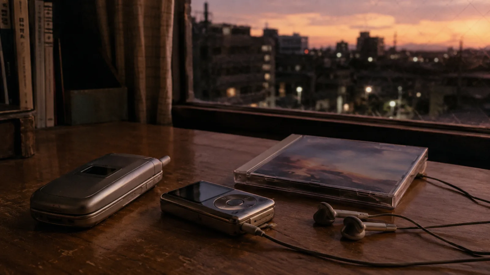 2000年代の携帯電話とイヤホン、夕暮れの机に置かれた音楽の記憶