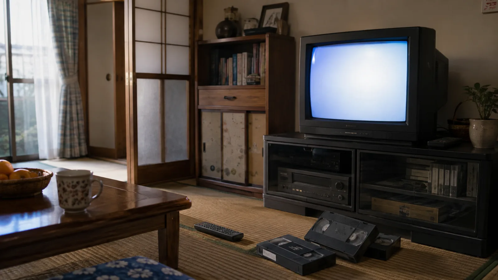 平成初期のテレビ画面を囲むリビングの夜