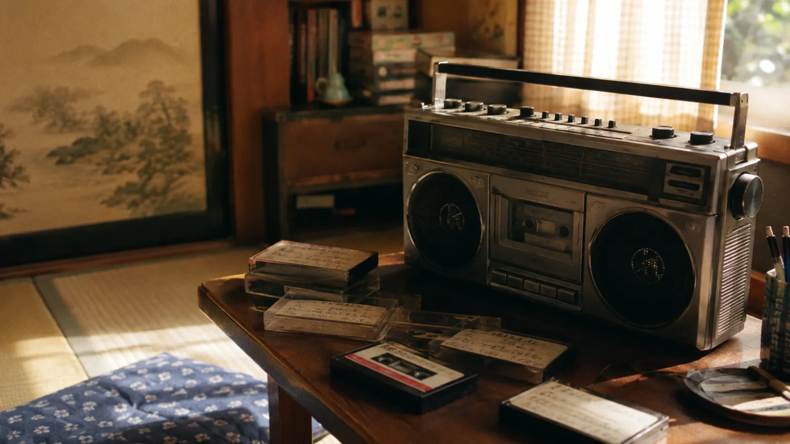 ラジオとカセットテープが置かれた1980年代の部屋