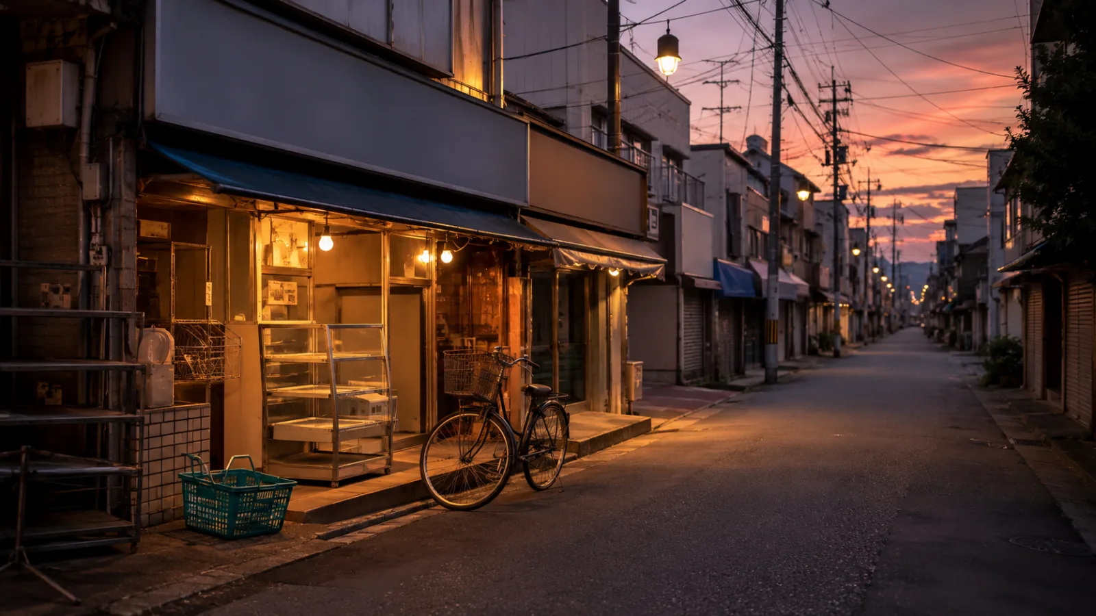 看板のない商店街と自転車が残る昭和の夕方