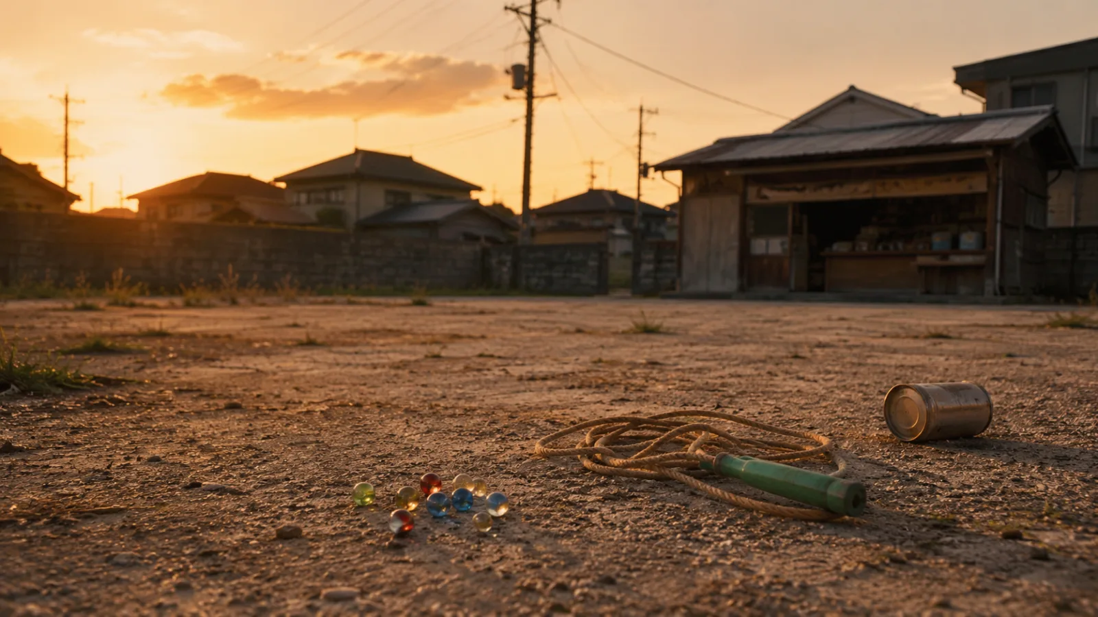 駄菓子屋の近くの空き地にある昭和の遊び道具