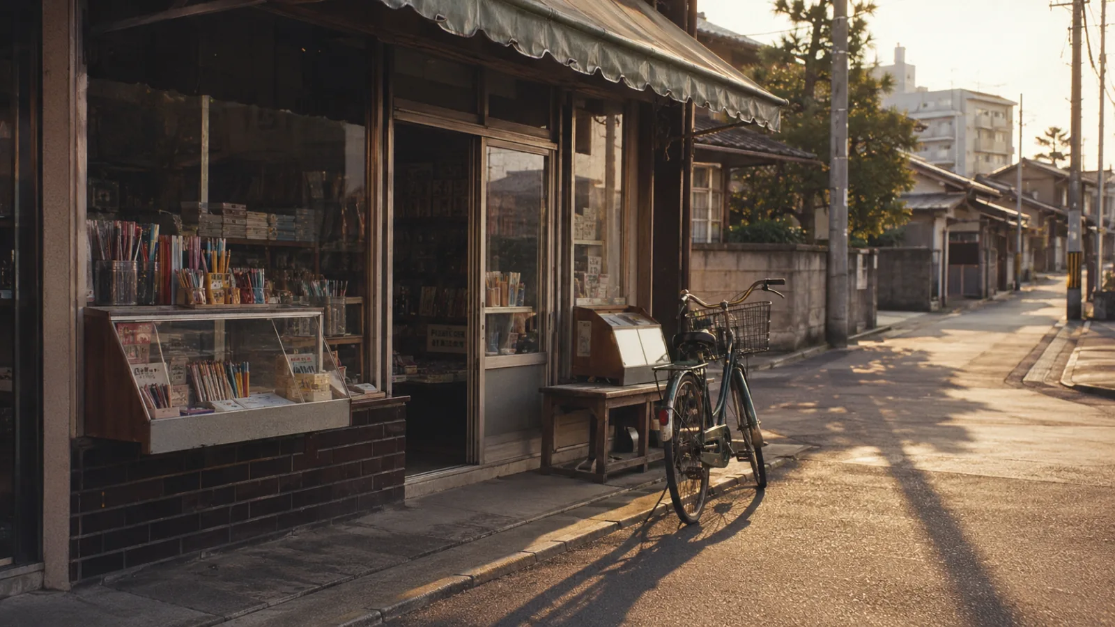 昭和の学校帰りの道と文房具店の夕景