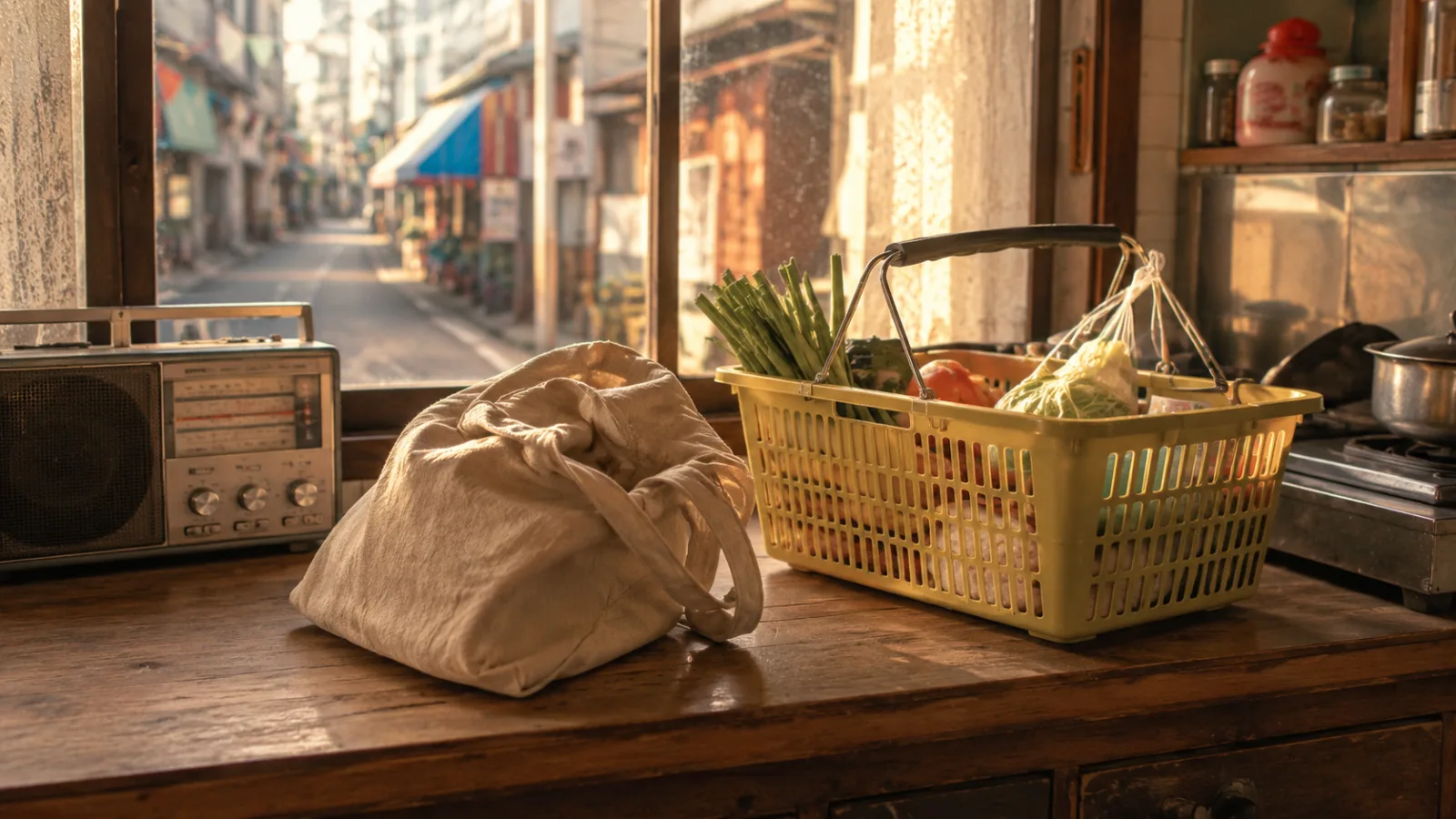 昭和の台所と商店街の買い物袋がつなぐ暮らし
