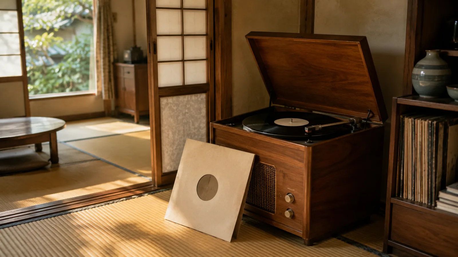 レコードの針を待つ昭和の木製プレーヤー